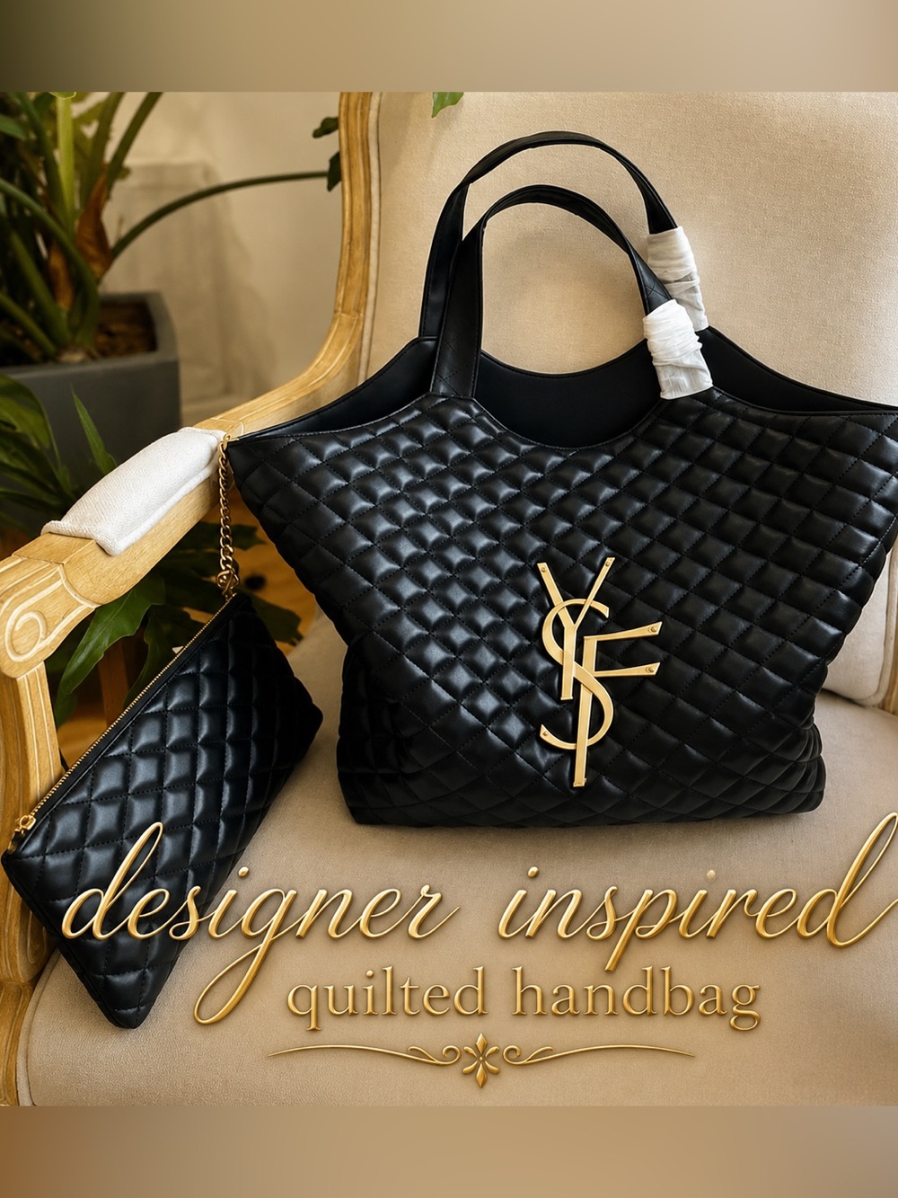 Boutique Luxe| Quilted Black Tote with Gold Logo Accent